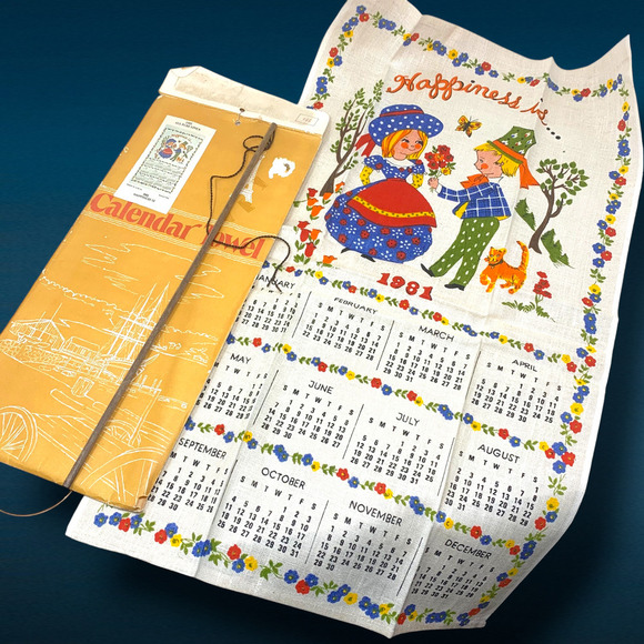 Unbranded Other - Vtg NEW 1981 100% Linen "Happiness is..." Calendar Tea Towel OG Dowel & Package